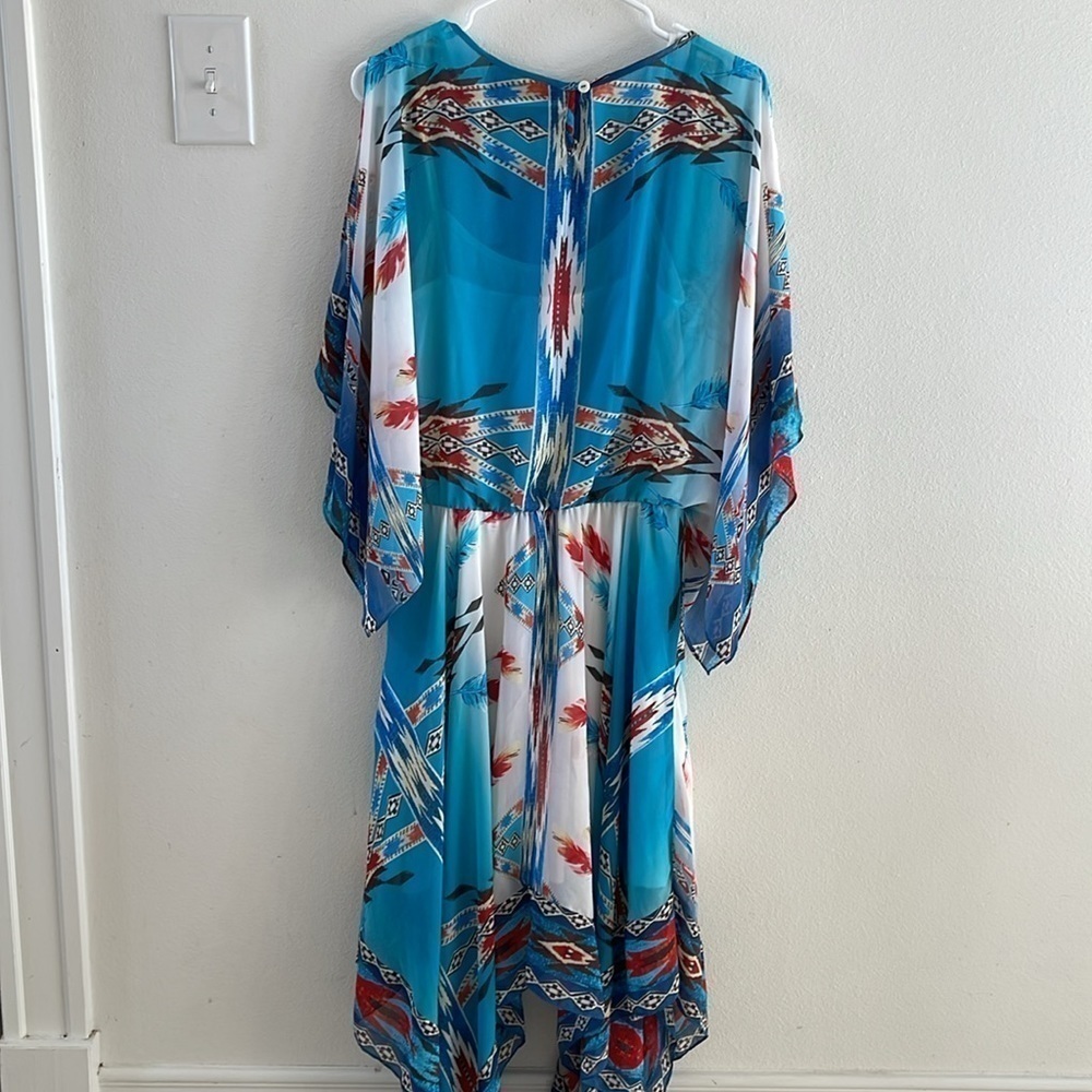 VINTAGE COLLECTIONS  Southwestern Aztec Blue Beaded Handkerchief Dress Size S - Picture 6 of 12
